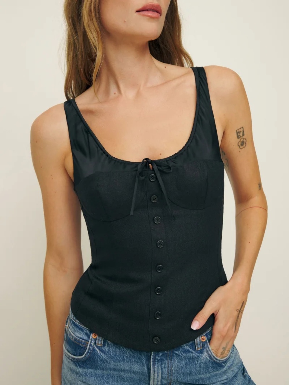 Reformation Beverly Black Sleeveless Button-Front Bustier Top (Silk/Linen)